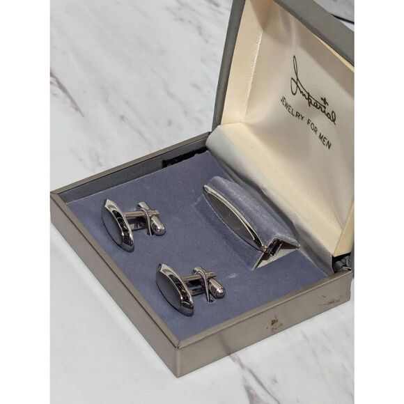 Imperial Vintage Men's Silver Tone Tie Clip & Cuffs Links In Box - Picture 4 of 6